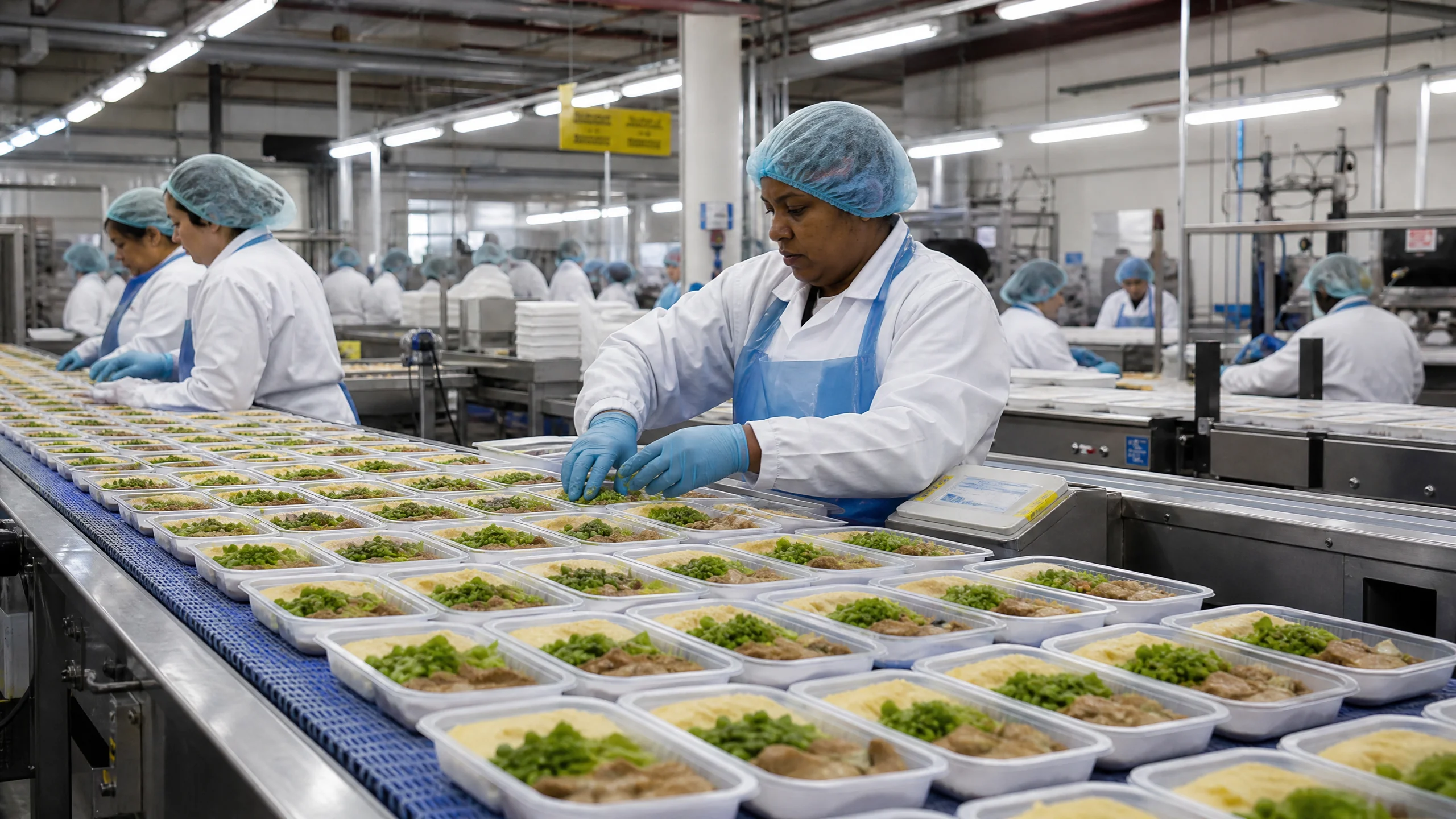 预制菜工厂流水线上工人正在包装大量预制餐食